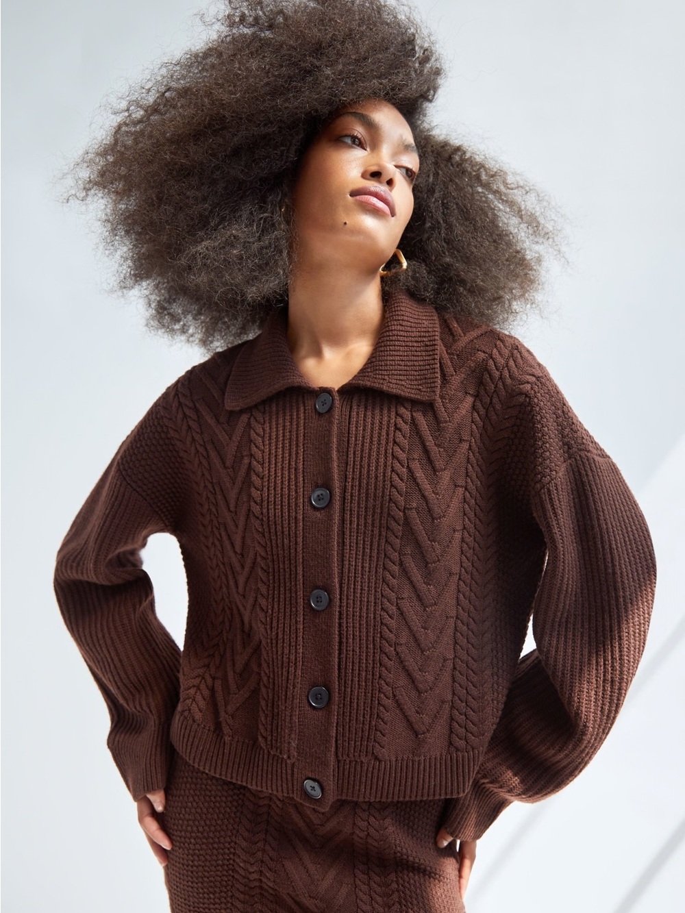 Aritzia Babaton Emporia 100% Merino Wool Cable Knit Polo Collar Cardigan Brown L